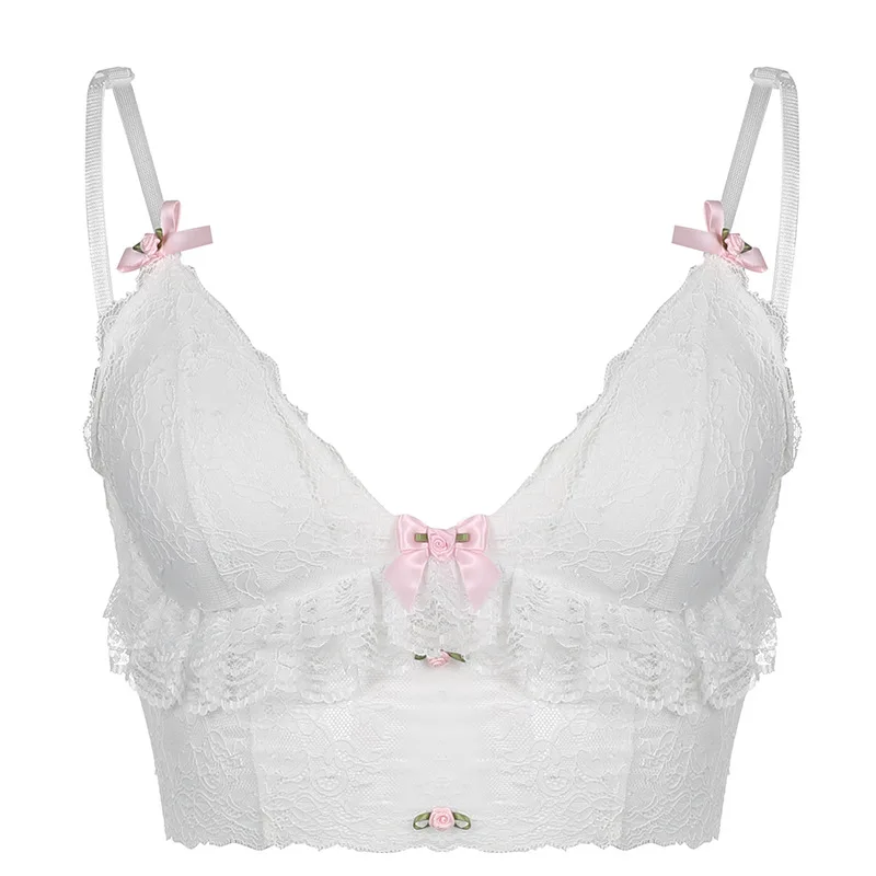 Lolita Women White Ruffles Corset Top Y2K Clothes Haruku Kwaii Lace Basic Camis Pastel Gothic Sweet Bows Aesthetic Crop Tops smile