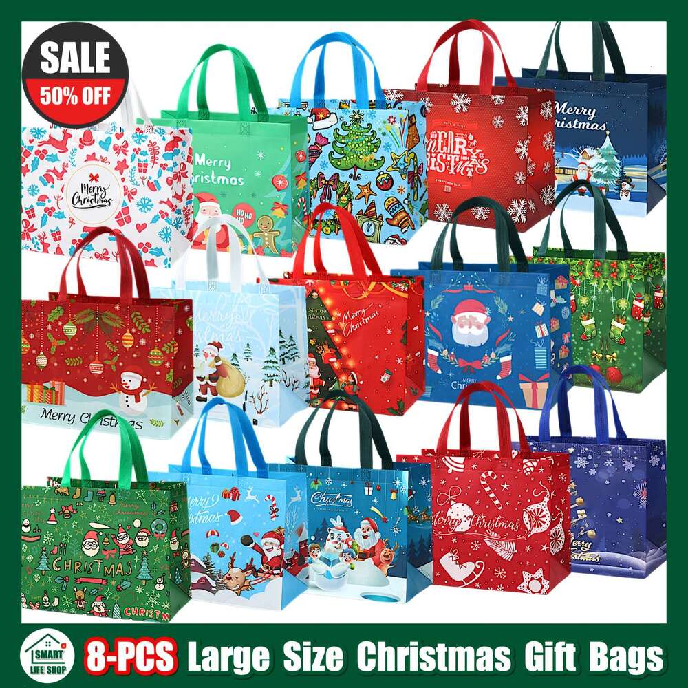Christmas Gift Tote with Handles, Reusable Reinforced Handle Grocery Treat Bags, Multifunctional Non-Woven Christmas Bags for Gifts