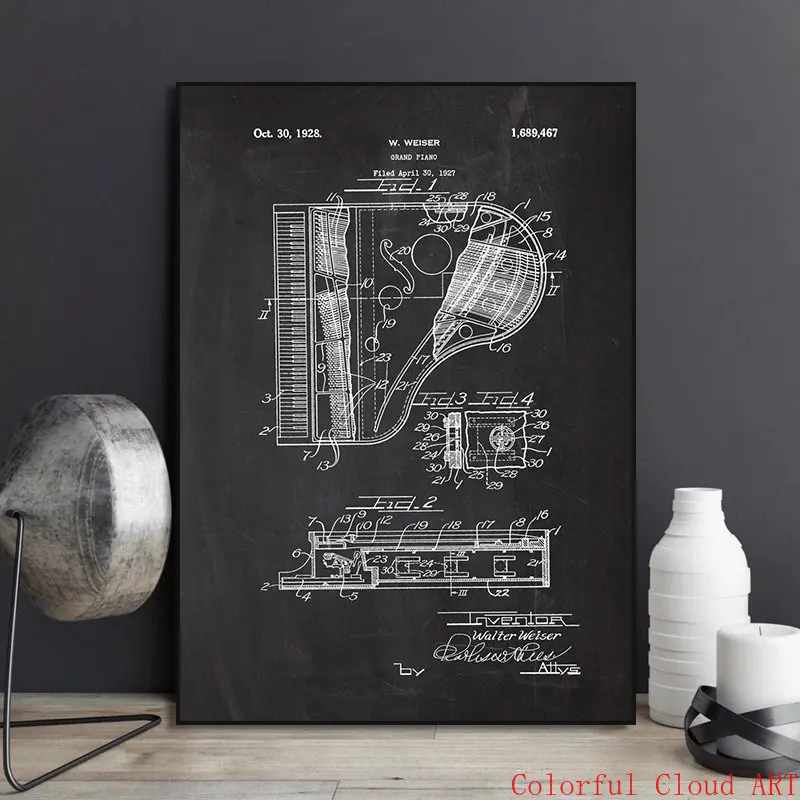 Vintage Violin Guitar Piano Blueprints Posters Musical Instrument Patent Drawing Canvas Painting Wall Art for Music Studio Decor