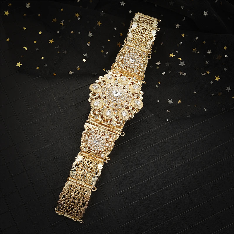 Moroccan Fashion Caftan Belts Crystal Grown for Women Arabic Gold Waist Chain Ethnic Bridal Jewelry 240401