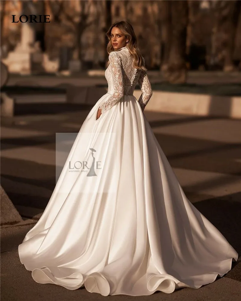 Long LORIE Sleeve Mulslim Wedding Dresses A Line High Neck Lace Bridal Gown Elegant Floor Length Wedding Bride Dresses 2023 smile