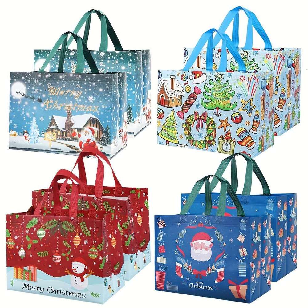 Christmas 8pcs Christmas Gift with Handles Durable Non-Woven Tote Bags for Holiday Presents, Party Favors Shopping Festive Santa, Snowman, Reindeer & 