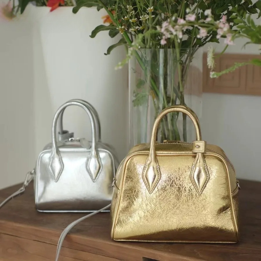 Fashion Stylish Shiny Gold Sier Color Tote Small Medium Size 100% Cowhide Leather Women Handbag High-Class Shoulder Bag Zipper Style Genuine Leather B