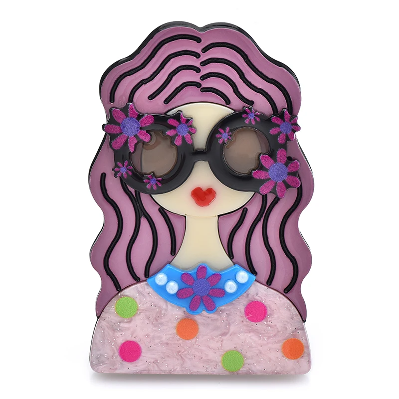 Wuli&baby Acrylic Beautiful Lady Brooches For Women 4-color Wear Flower new Glasses Girl Figure Party Casual 2025 Brooch Pins Gifts