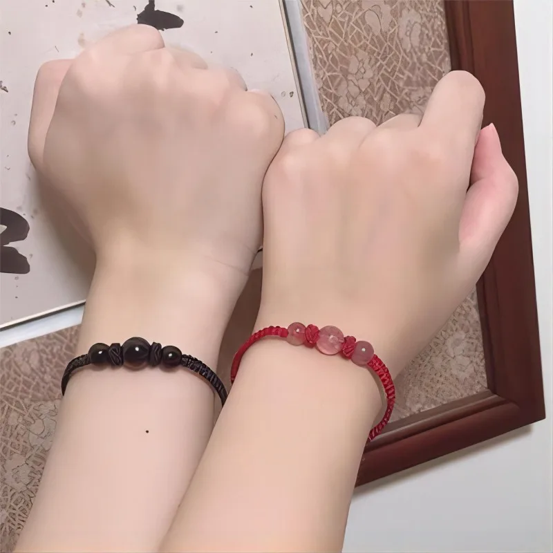 Red Crystal Obsidian Strawberry Rope Woven Couple Bracelets Charming Braided Rope Natural Lovely Adjustable Niche Designed Style smile