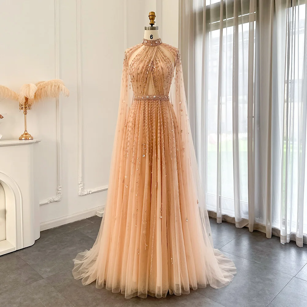 Sharon Said Luxury Dubai Champagne Evening Dresses with Cape Sleeves Elegant Arabic Formal Dress Women Party Gowns