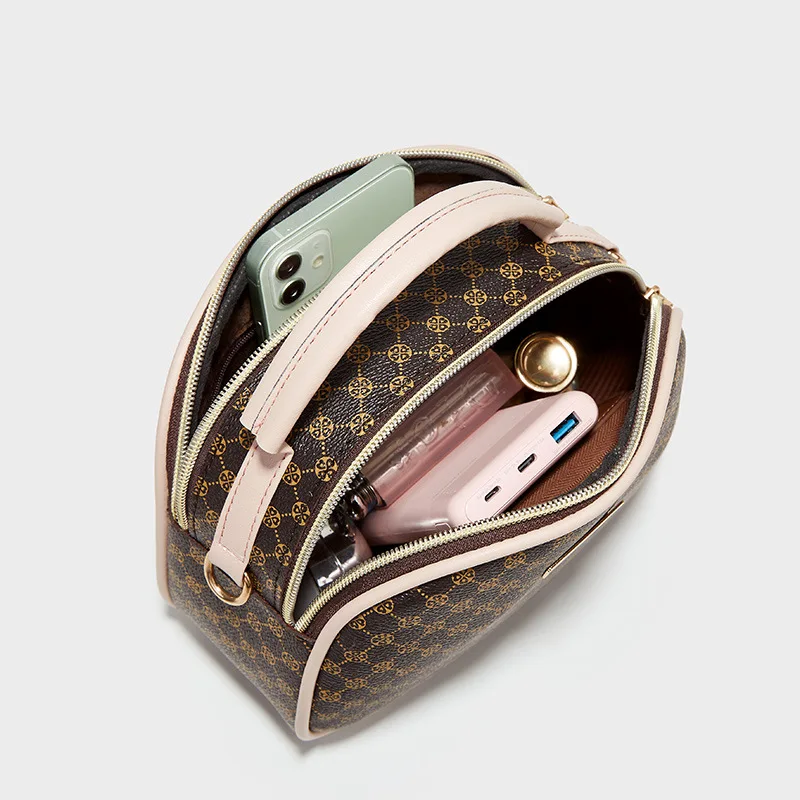 Shell bag,double zipper, single shoulder bag, printed shoulder strap, women's bag, diamond pattern embroidered crossbody handbag