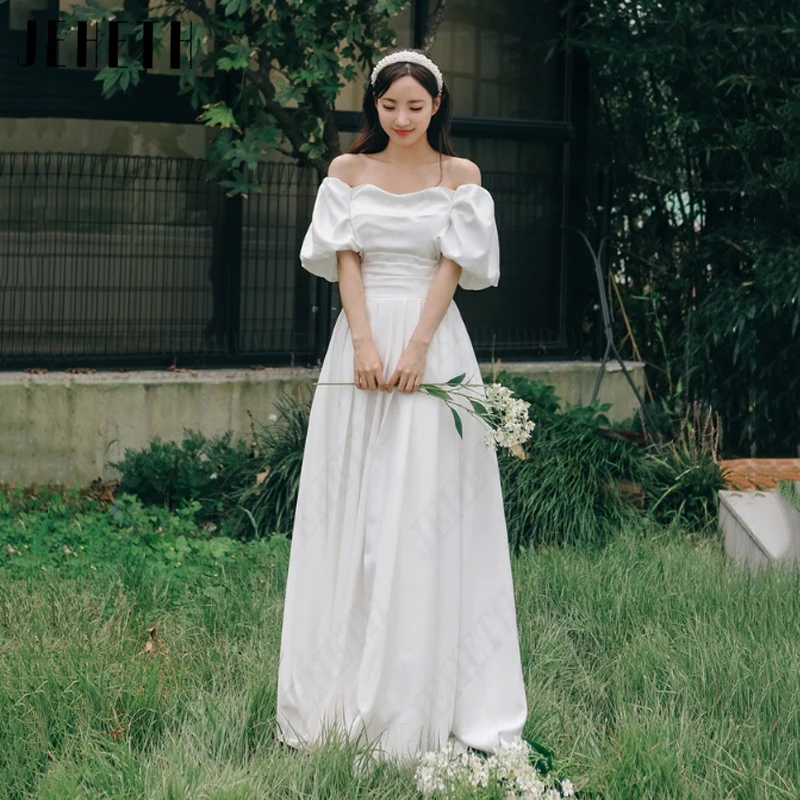 JEHETH Boat Neck Pleat Korea Bridal Gowns Women Satin Puff Sleeves Wedding Dresses Simple A-Line new 2025 Sweetheart Vestidos De Novia