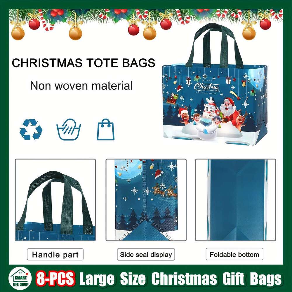 Christmas 8pcs, Gift Tote Bags With Handles, Reusable Reinforced Handle Grocery Treat Multifunctional Non-Woven Christmas Bags, Xmas Party Supplies