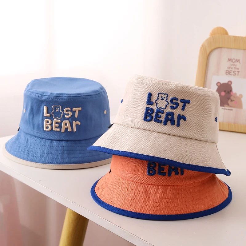 Reversible Bucket Hat Baby Cute Bear Embroidered Children Boys Girls Fisherman Cap Spring Summer Outdoor Kids Beach Sun Hats smile