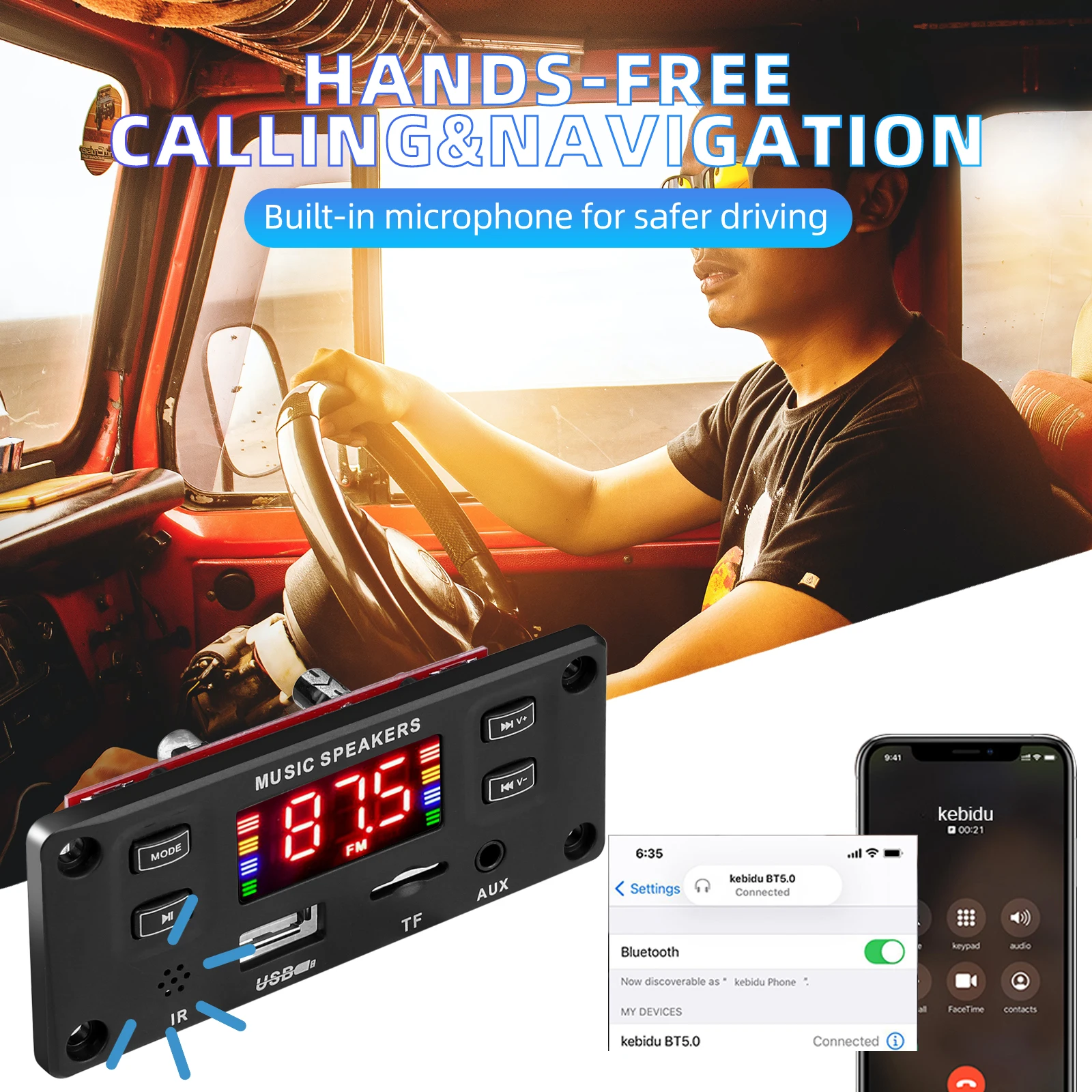 2*30W 60W amplifier Hands-free MP3 Player Decoder Board 7-22V Bluetooth 5.0 Car FM Radio Module Support FM TF USB AUX Recorders