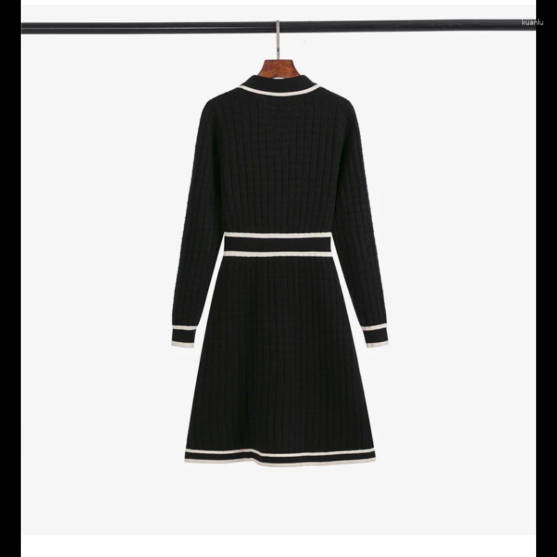 Casual Dresses French Small Fragrance Black Knit Dress Women Basic Elegant Contrast Long Sleeve Suit Collar Beige Female Bottoming