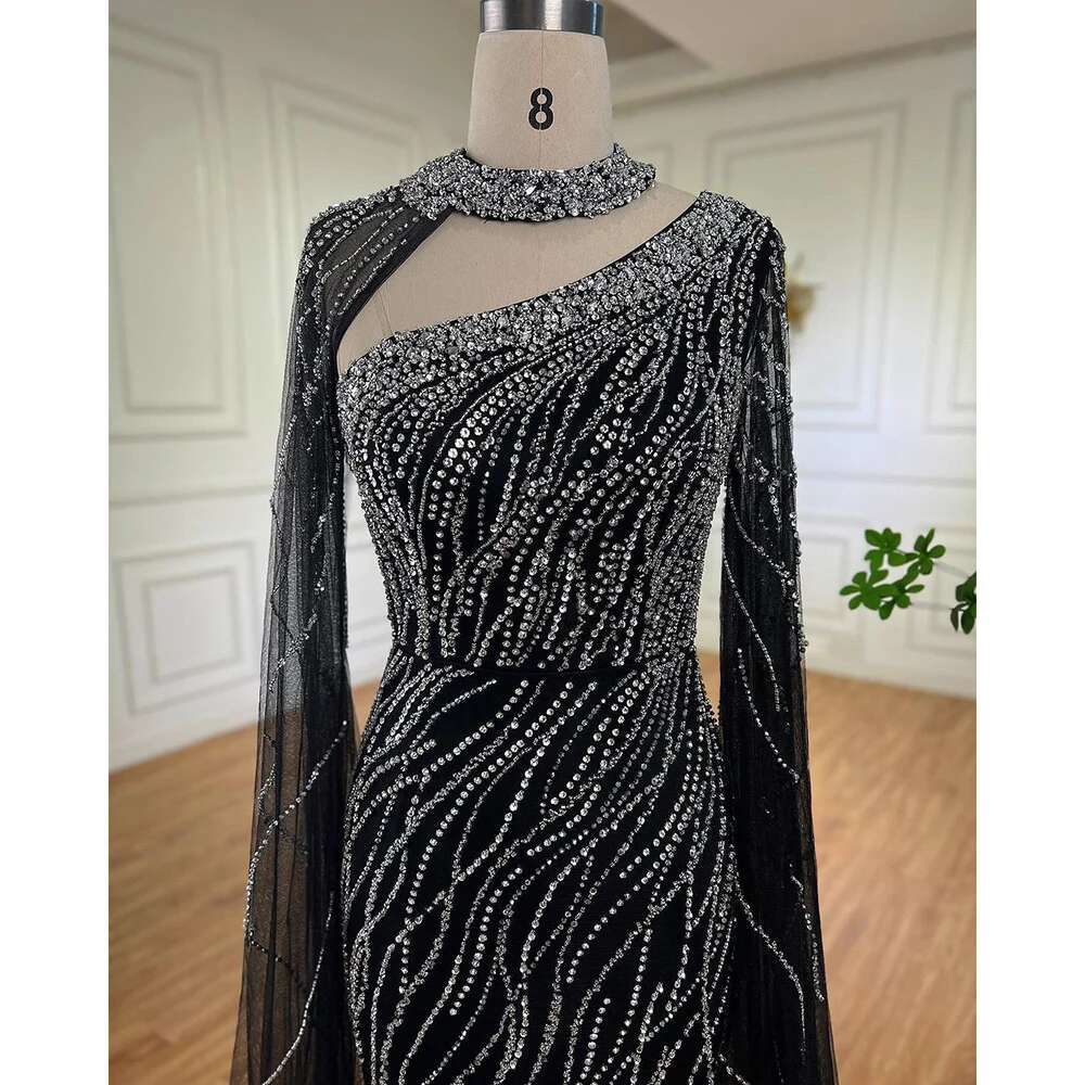 Serene Hill Black Mermaid Cape Sleeves Beaded Evening Dresses Gowns Arabic Party LA Customized