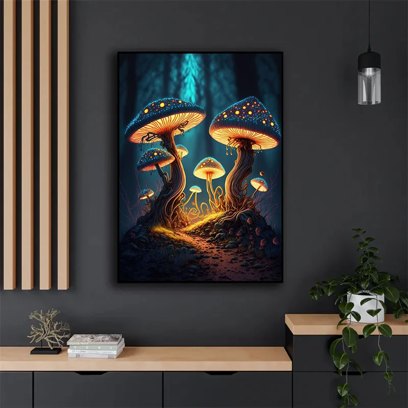 Poster Fantasy Mushrooms Psychedelic Shiny Mushroom Canvas Printing Painting Wall Art Picture Home Living ddmysmile Room Decor Cuadros Smile