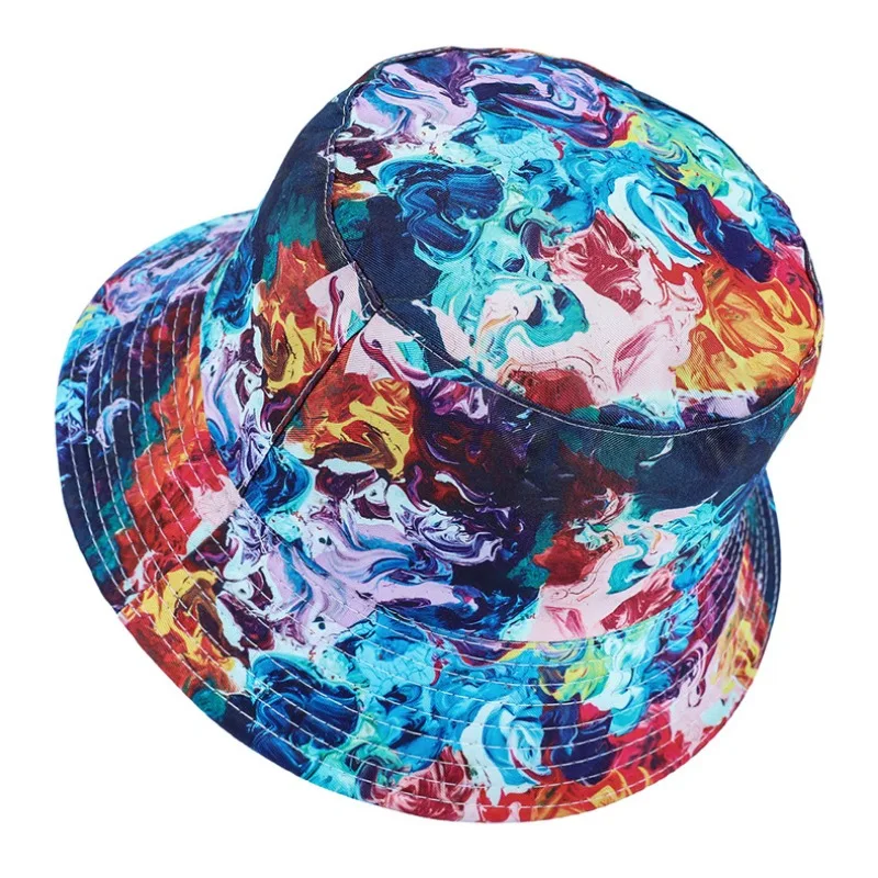Printed Hats New Bucket ddmysmile Women European And American Tie-Dye Fisherman Hat Outdoor Sunshade Double-Sided Men's Cap Wholesale Smile