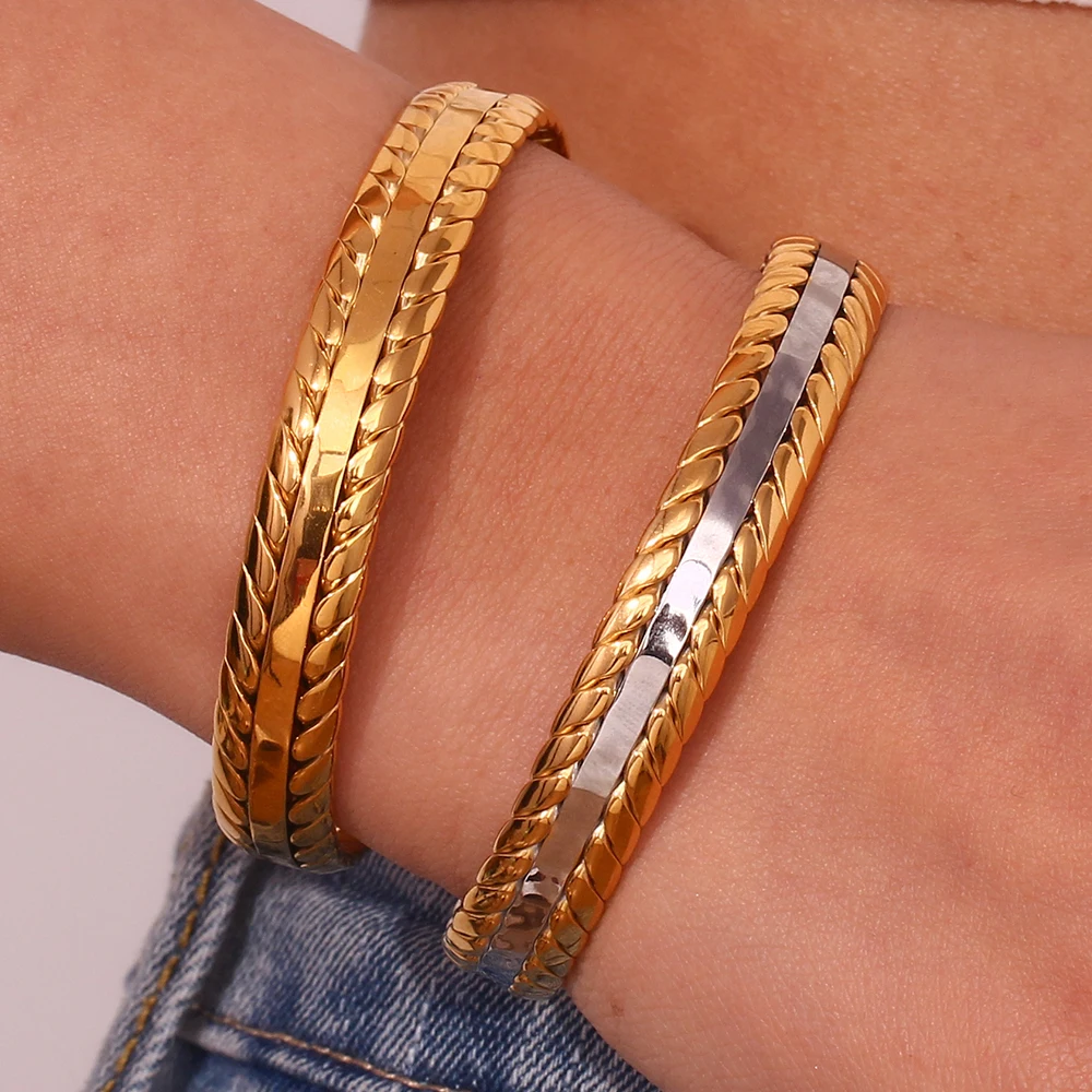 Gold Braid Plated Textured ddmysmile 2 Tones Sier Color Arm Cuff Bangles Bracelets For Women Acero Inoxidable Joyeria Premium Smile
