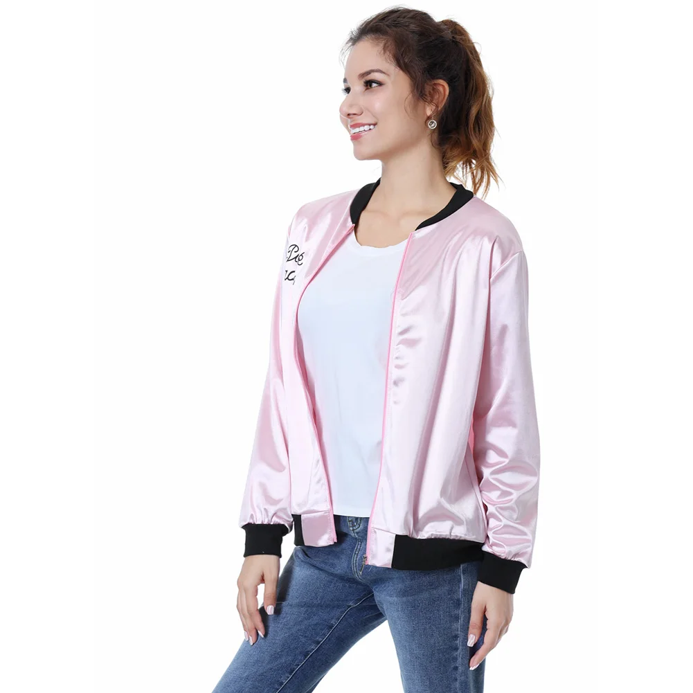 The Grease Cosplay Costume Pink Ladies Gang Girls Jacket Kids Retro Fancy Cheerleader Pink Jacket Coat Autumn Halloween Party smile