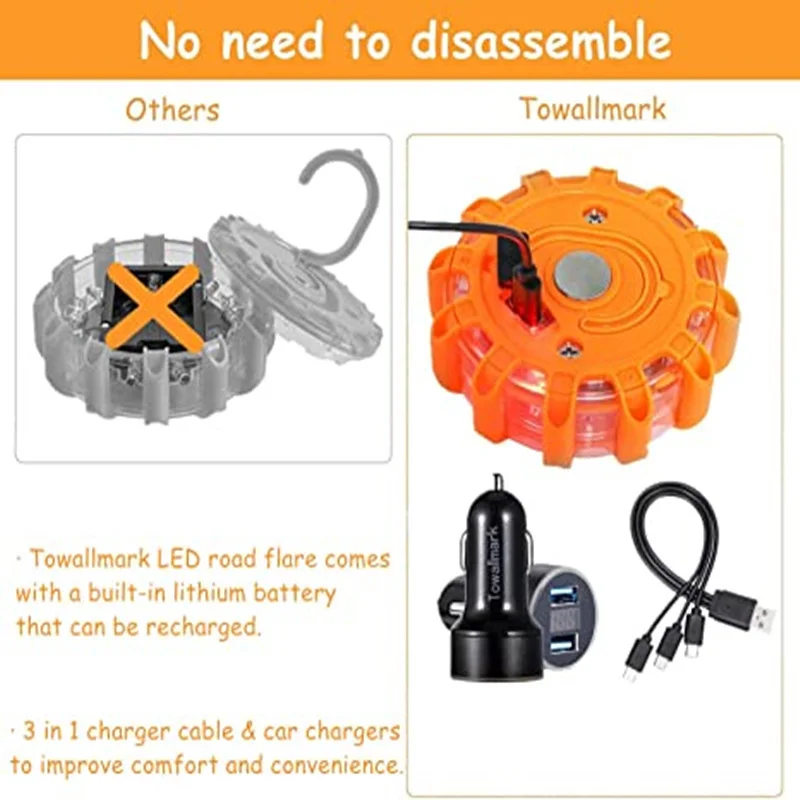 Pack Road 3 LED Flares Emergency Lights USB Rechargeable Roadside Warning Safety Disc Magnetic Base Flashing Flare Kit for Car smile
