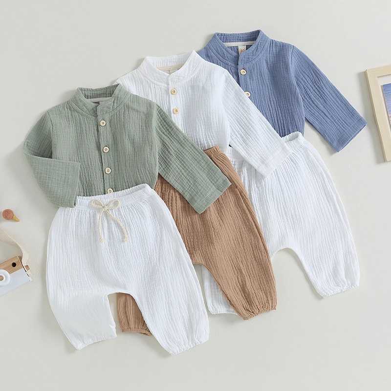 Clothing Sets 2023-06-11 Lioraitiin 0-4Years Kids Boys Fall Casual Outfits Solid Buttons Long Sleeve Shirts Tops Long Pants 2Pcs Clothes Set