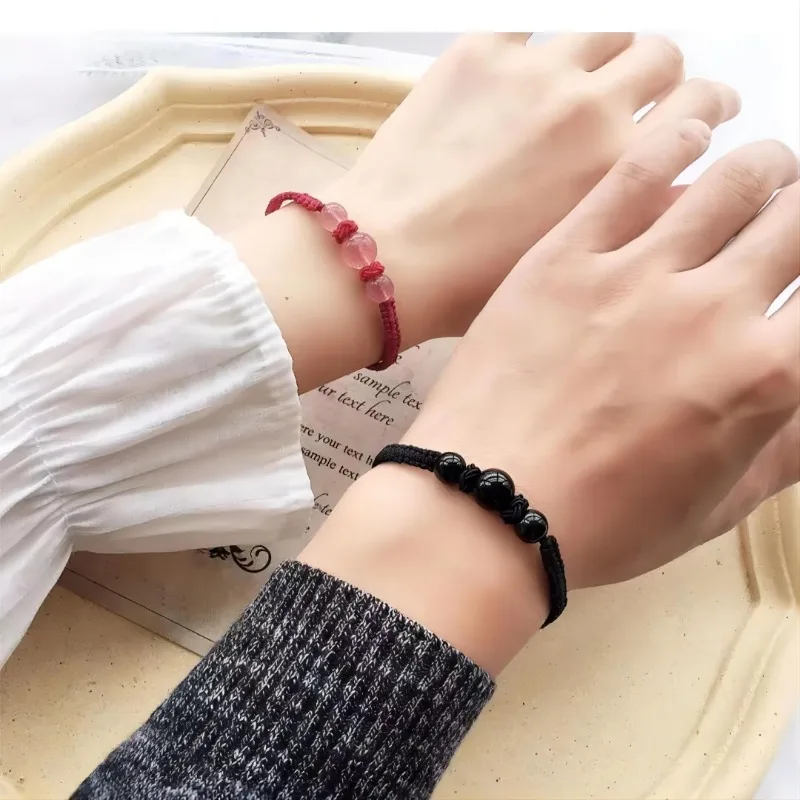 Red Crystal Obsidian Strawberry Rope Woven Couple Bracelets Charming Braided Rope Natural Lovely Adjustable Niche Designed Style smile