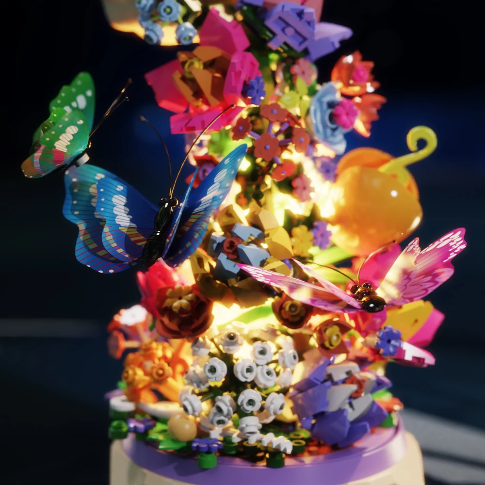 Creativity Newest Blue City Butterfly Music Box Flower Basket Bouquet Model DIY Building Blocks Bricks Toys For ddmysmile Adult Girls Gift Smile