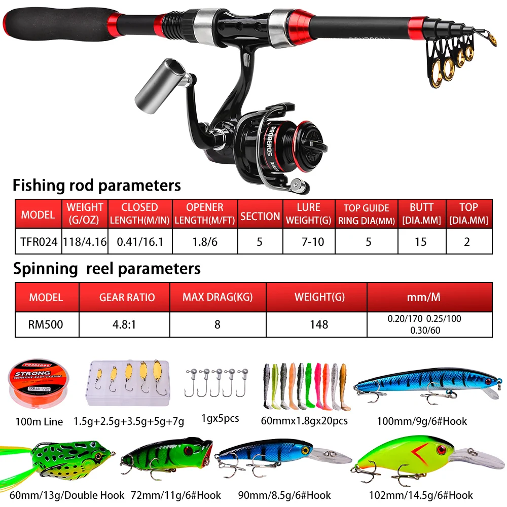 1.8m Telescopic Casting PROBEROS Fishing Combo Portable Ultralight Rod and 4.8:1 Gear Ratio Fishing Reel Lures Hooks Line Kit smile