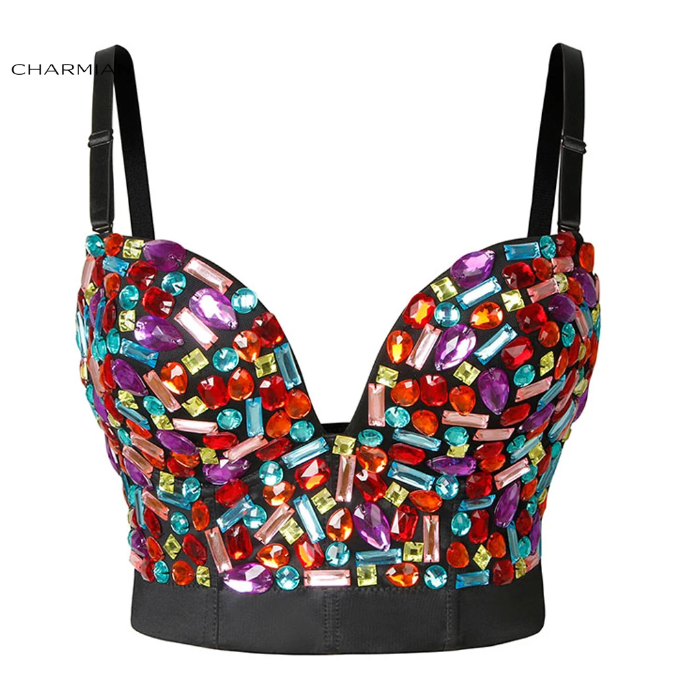 Crop Charmian Clubwear Party Top Bra Women's Sexy Punk Push Up Spaghetti Straps Rhinestone Beaded Studded Party ddmysmile Bustier Bra Tops Smile