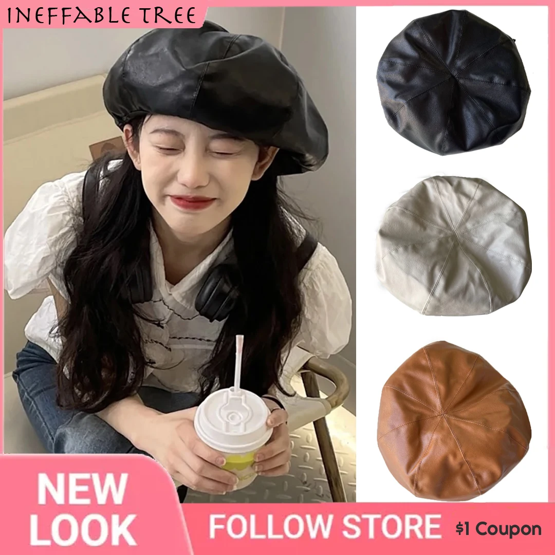 Winter Autumn Hats Y2K Women Berets Solid color PU Leather Big Size Beret Hat Black Brown Beige Berets smile
