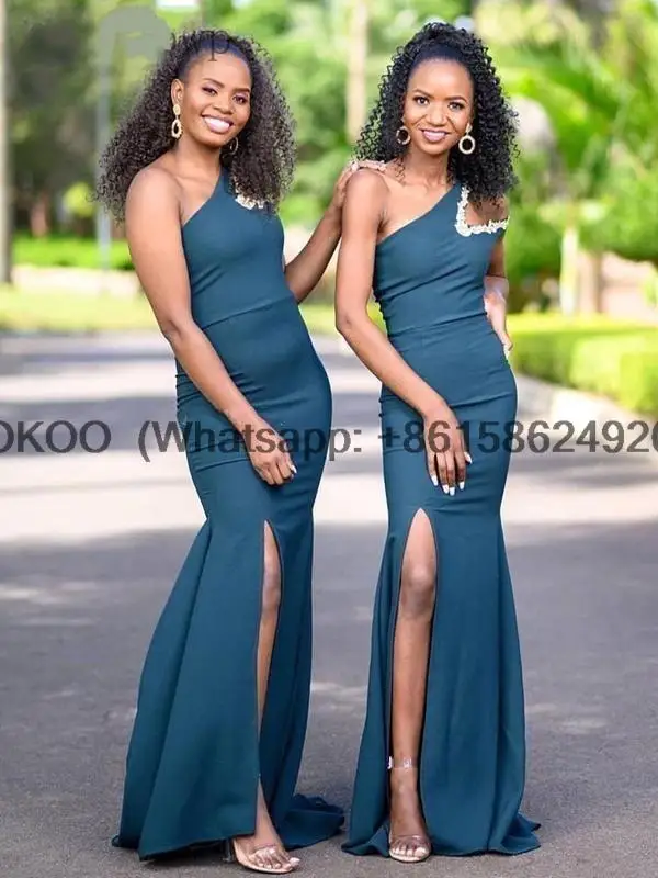 Plus Size One African Shoulder Mermaid Bridesmaid Dresses Side Split Sweep Train White Appliques Garden Wedding Guest Gowns smile