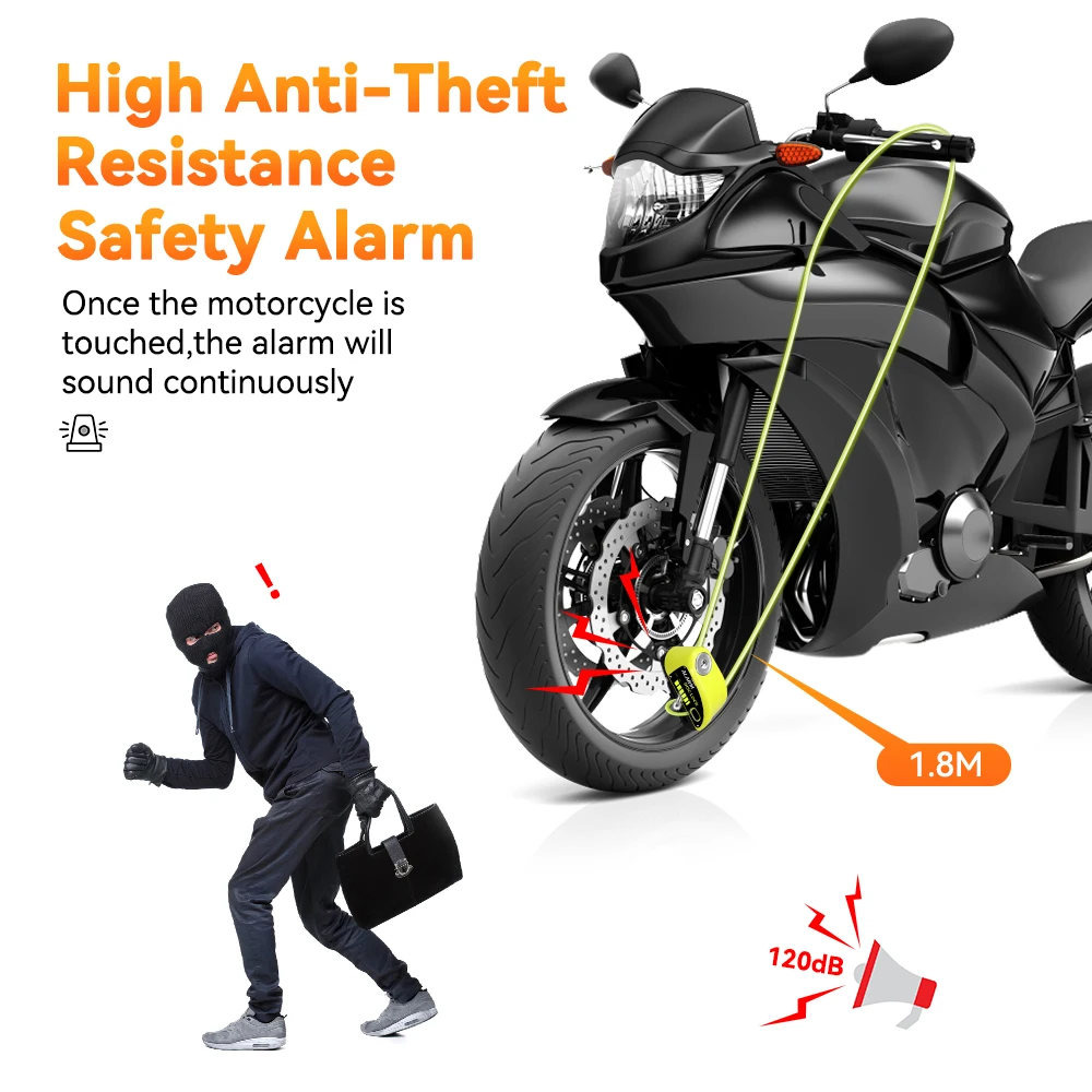 Ouspow Motorcycle Lock Rechargeable 120dB Alarm Disc Brake Locks Anti-Theft Security Wheel Disc Lock Waterproof with 1.8M Cable