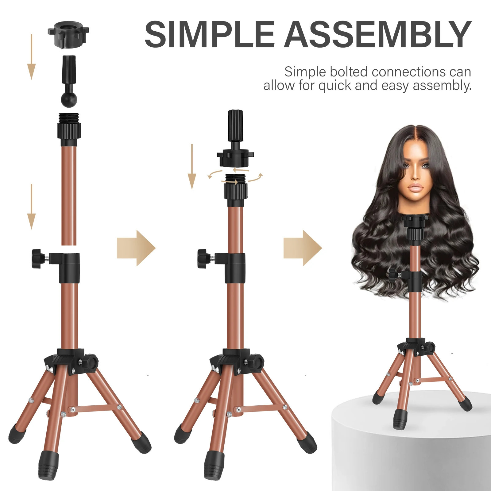 64cm Metal Wig Tripod Stand for Hold Mannequin Head Gold Pink Gray Black Brown Wig Head Stand Wig Installation Kit Set 241108