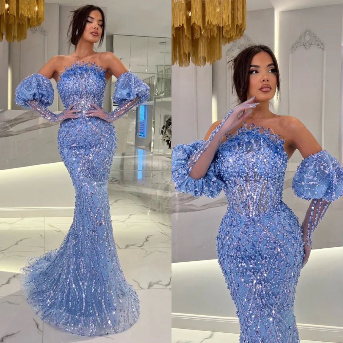 Fabulous crystal Mermaid Evening Dresses elegant puffy sleeves Beaded Prom dress rhies or length formal dresses for women