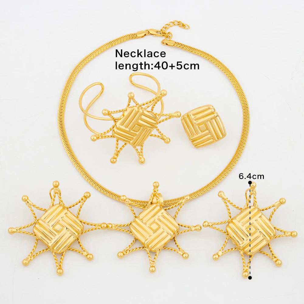 Women for Jewelry Set Hollow Pendant Arab Dubai Gold Plated Earring Necklace Bracelet Ring Wedding Bridal Bride Gift smile