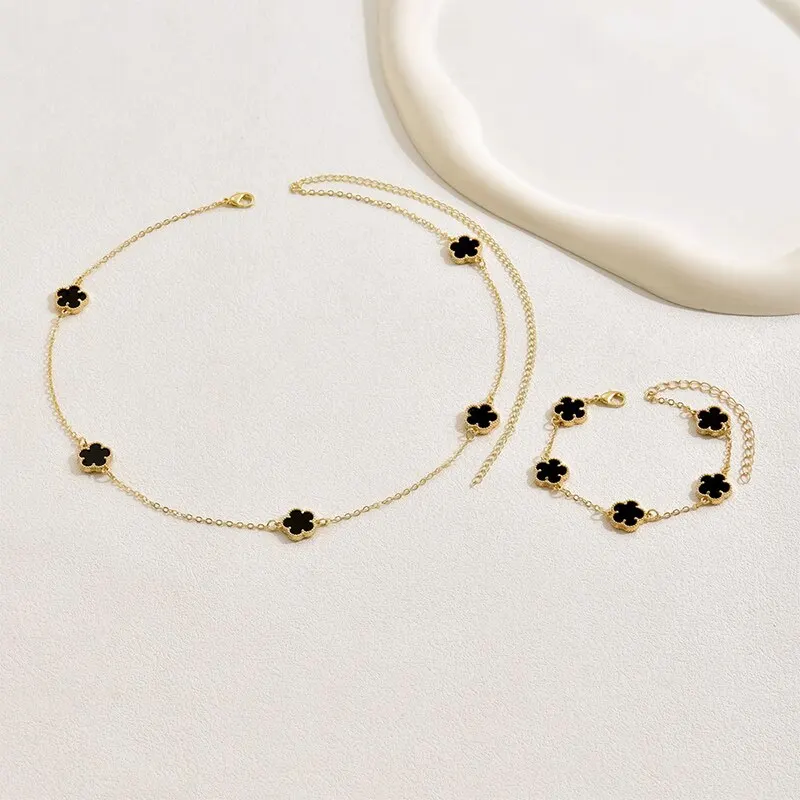 Colorful 2 Flower Pcs Necklace Bracelet Set New Design Copper Chain Gold Plating Jewelry Set Women's ddmysmile Temperament Gift Smile