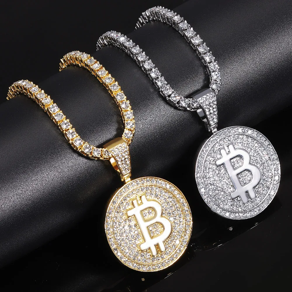 Out Bitcoin Pendant Iced Full Rhinestone Match Bling 4Mm ddmysmile Tennis Chain Necklace Choker Hip Hop Trendy Jewelry For Men And Women Smile