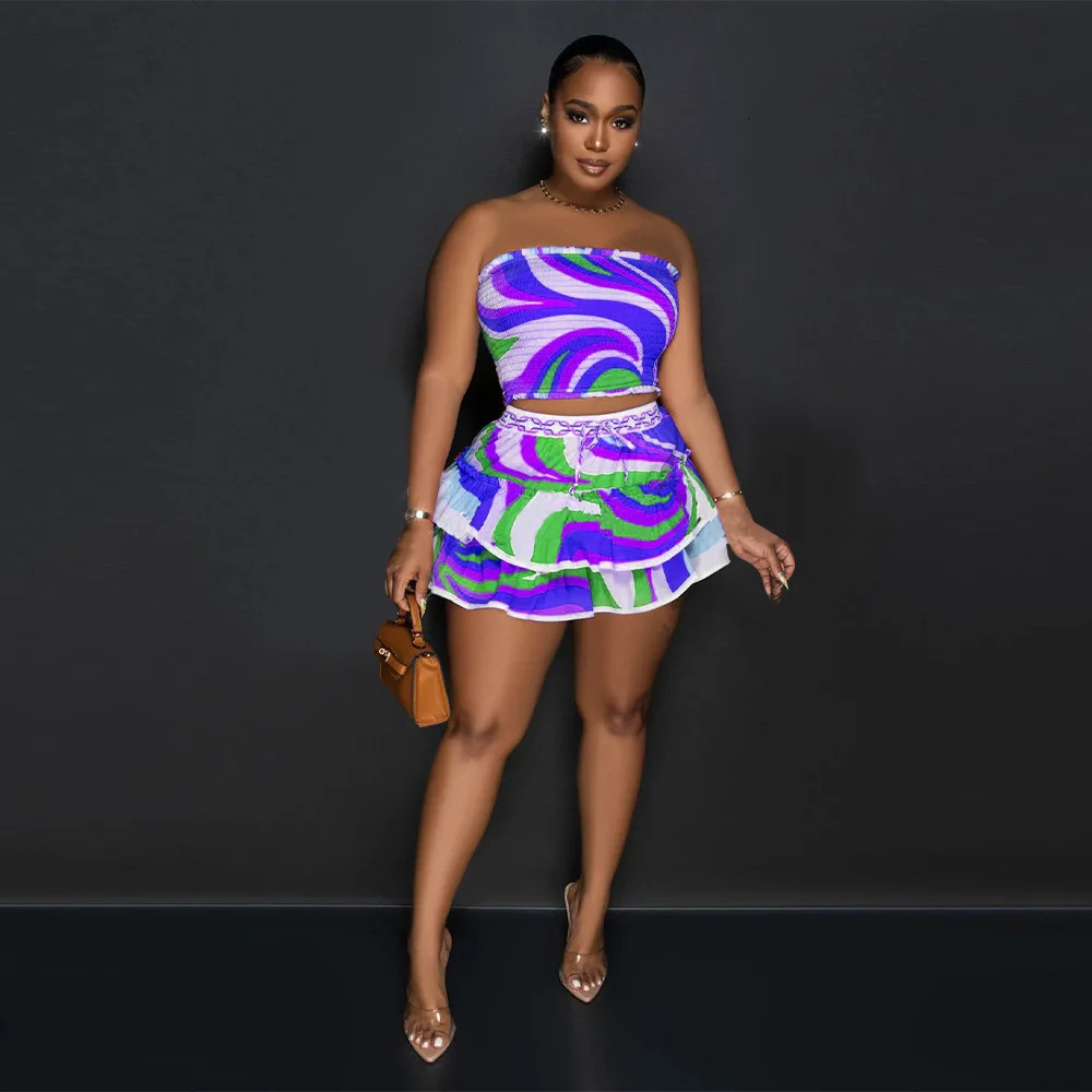 Sexy Women Two Pieces Set Printed Sleeveless Backless Breast Wrap Top and Pleated Mini Skirt Club Party Outfits 240329