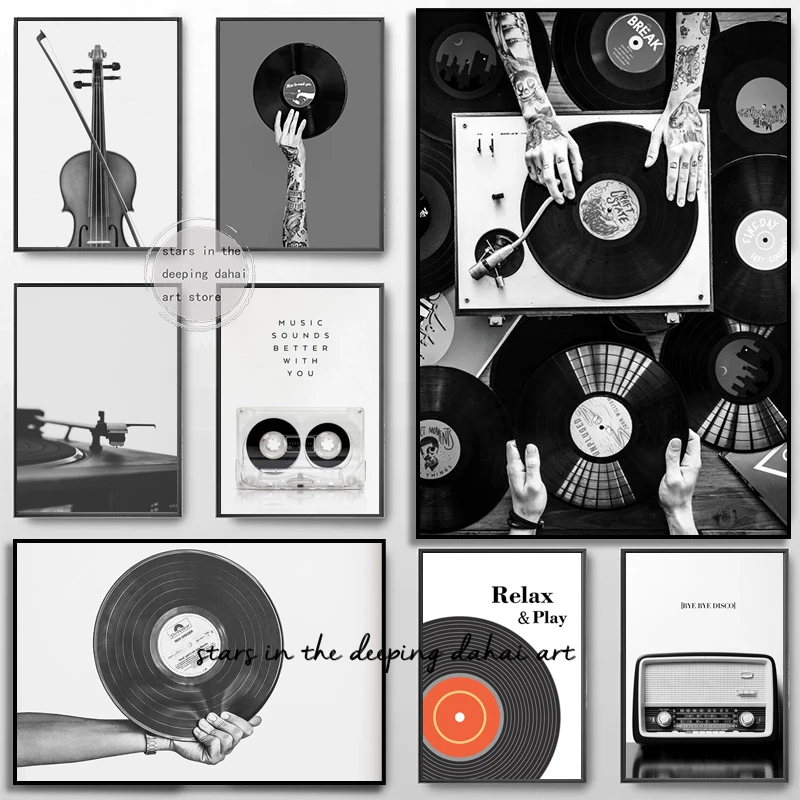 Music White Retro Black Vinyl Record Guitar ddmysmile Violin Art Poster Canvas Painting Wall Prints Picture Living Room Home Decor Cuadros Smile