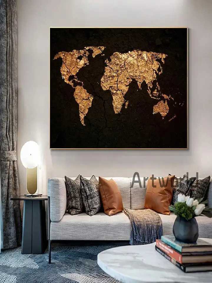 Elegant black and gold world map canvas art premium global design used for living room wall decoration luxury home decoration W241109