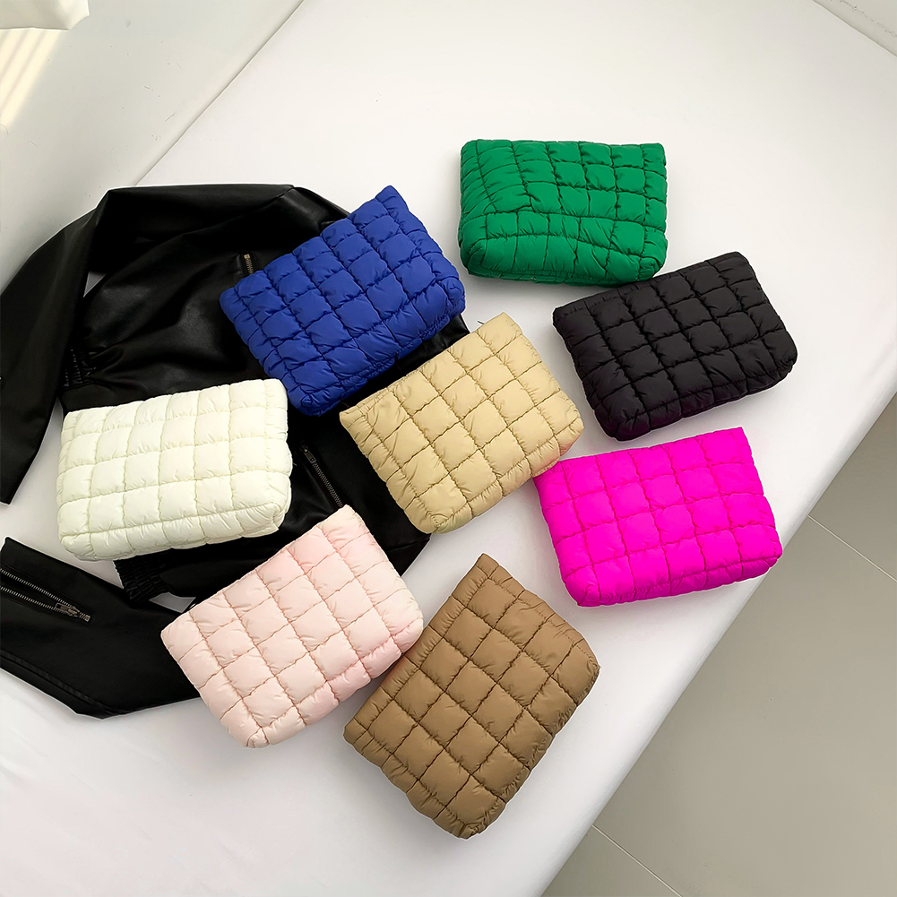 Quilted Puffy Travel Pouch with Zipper Makeup Organizer Storage Bag Solid Color for Women and Girls