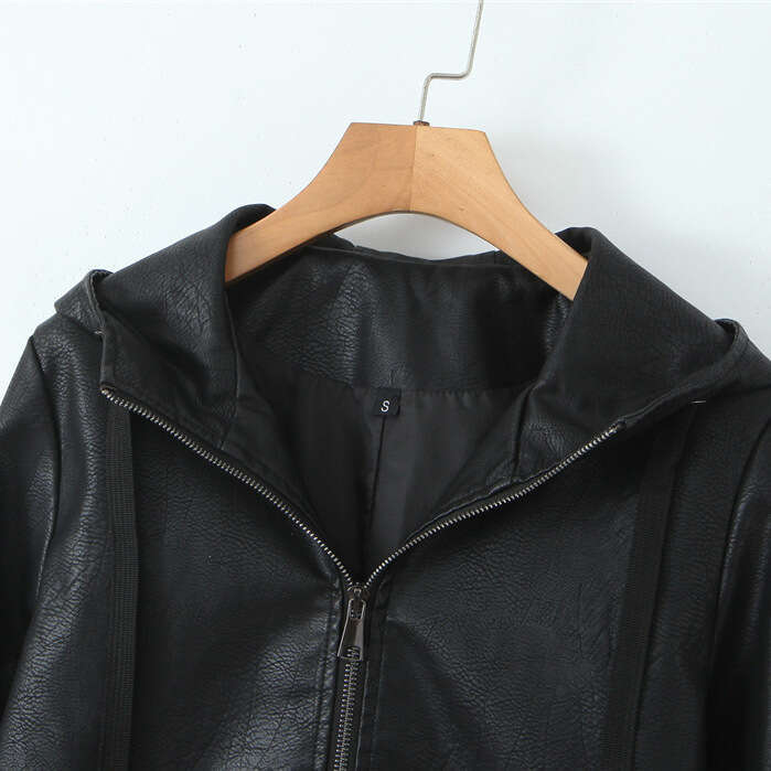 shanshi leather jacket women Hooded loose jacket spring and autumn coat women's PU washed leather motorcycle top