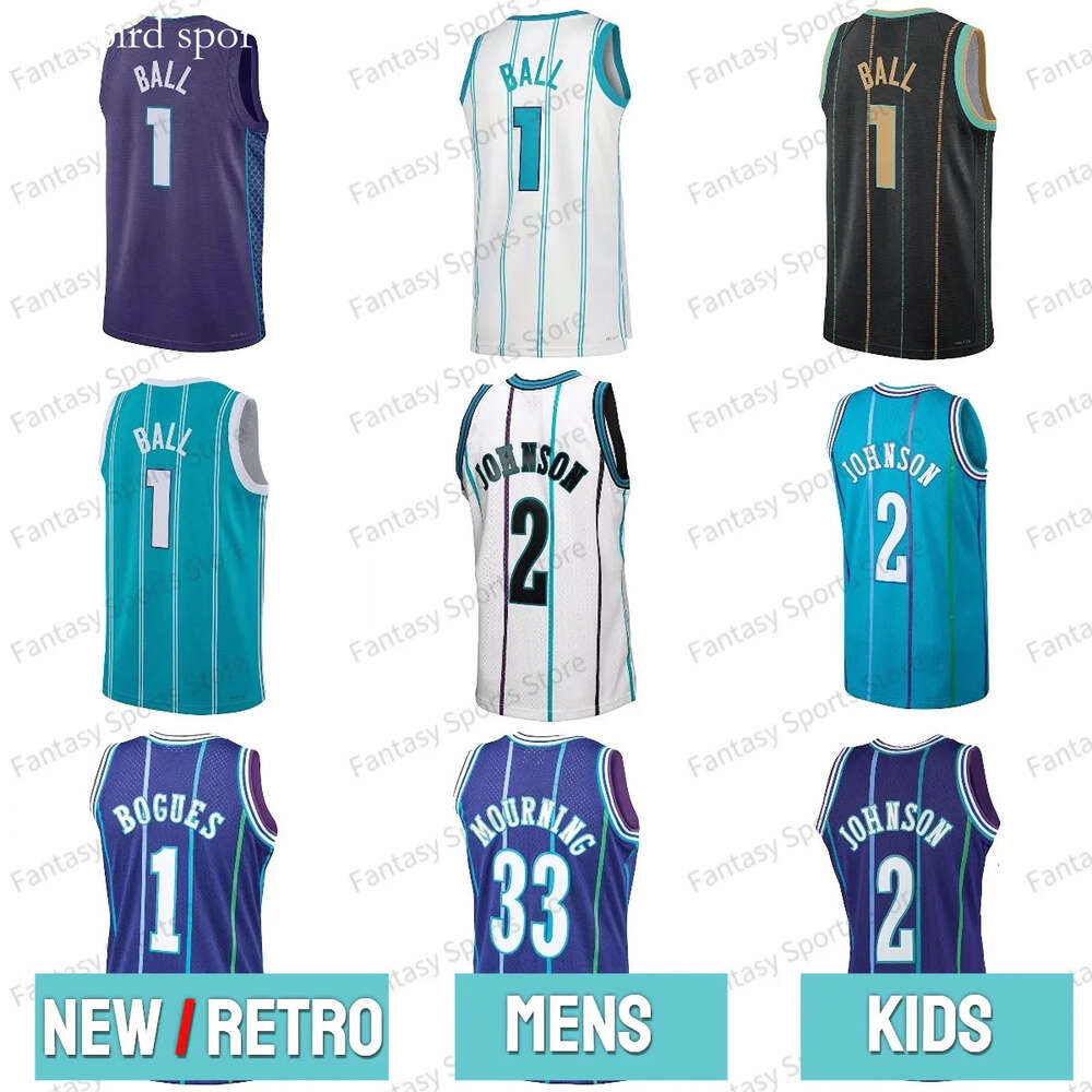 New Larry Johnson Jerseys Msy Bogues Alonzo Mourning Lamelo Ball Throwback White Purple Teal Ed Basketball Retro Jerseyss Mens Kids