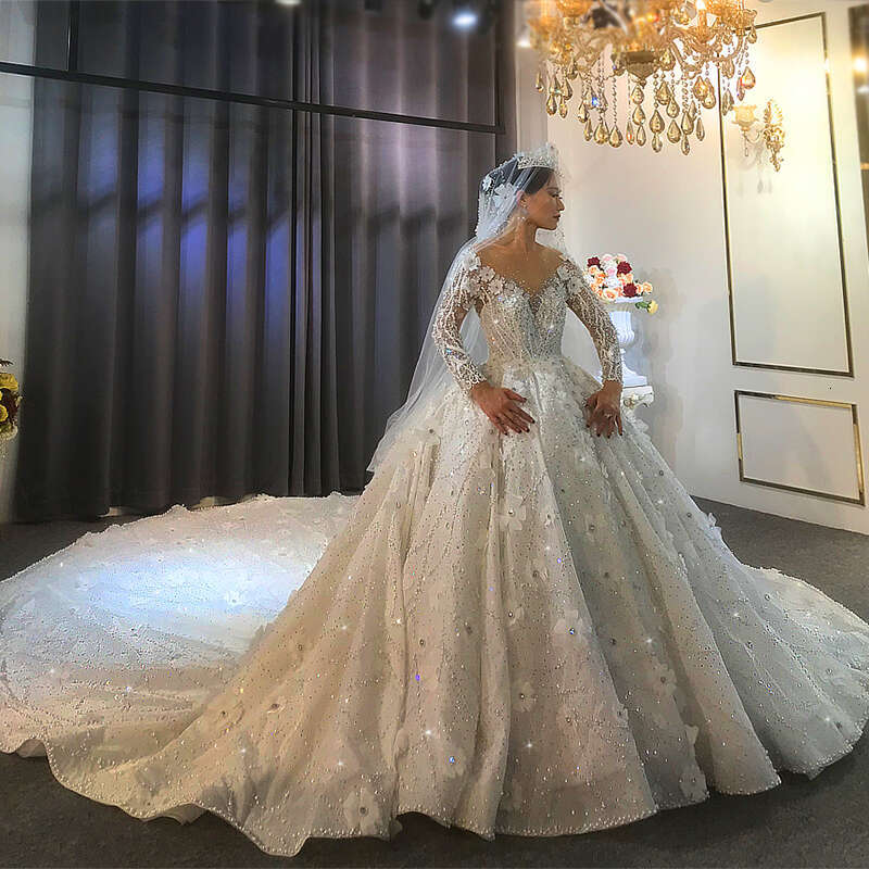 Long Sleeve Wedding Dress with Cathedral Train, Appliques, Beading and Crystals