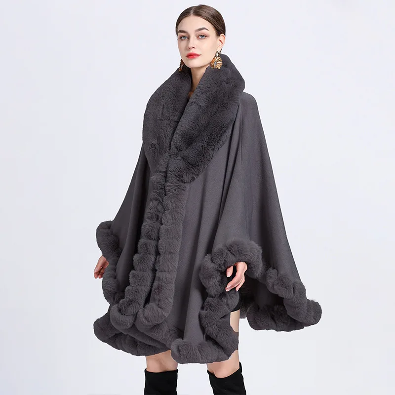 Faux Elegant V Lapel Rex Rabbit Fur Coat Cape Winter Women Big ddmysmile Long Shawl Full Trim Fur Knit Cloak Overcoat Long Faux Fur Coat Smile