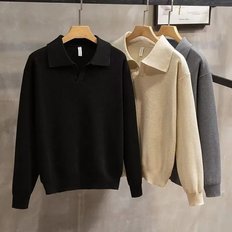 Mens autumn and winter high-end fashion knitted polo shirt long sleeved zipper casual sweater 241108