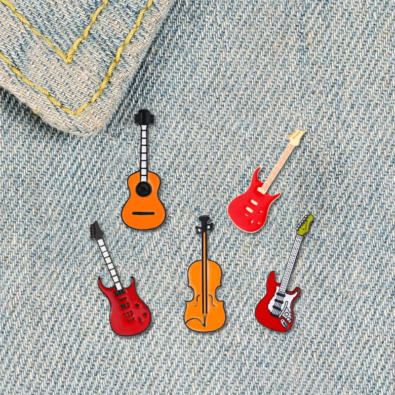 Creative Musical Instrument Enamel Pins Guitar Violin Bass Brooch Metal Rock Orchestra Lapel Badges Jewelry Gifts