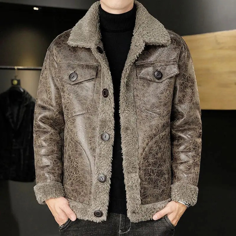 Mens autumn and winter solid color casual jacket mens short sleeved leather coat mens long sleeved warm jacket L56 241108