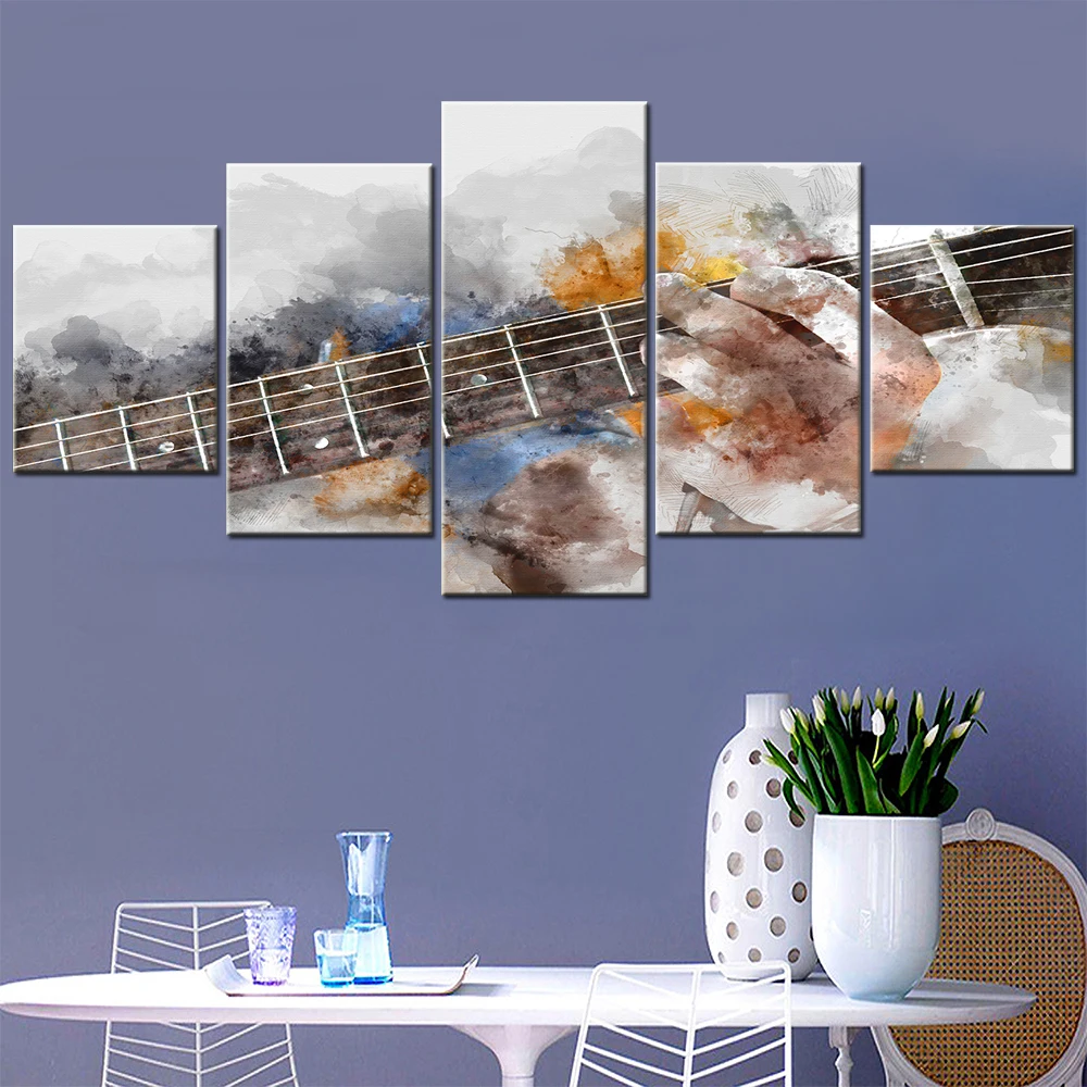 Canvas 5 Art Panel Wall ddmysmile Decor Poster Print Abstract Playing Guitar Watercolor Painting Aesthetic Room Decor Frames For Pictures Smile