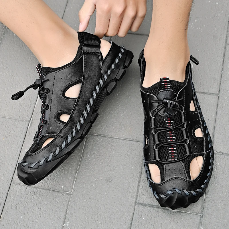 Men Summer Sandals 2024 New Casual Leather Beach Sandals Men's Shoes Mesh Breathable Comfortable Soft Roman Men Sandals