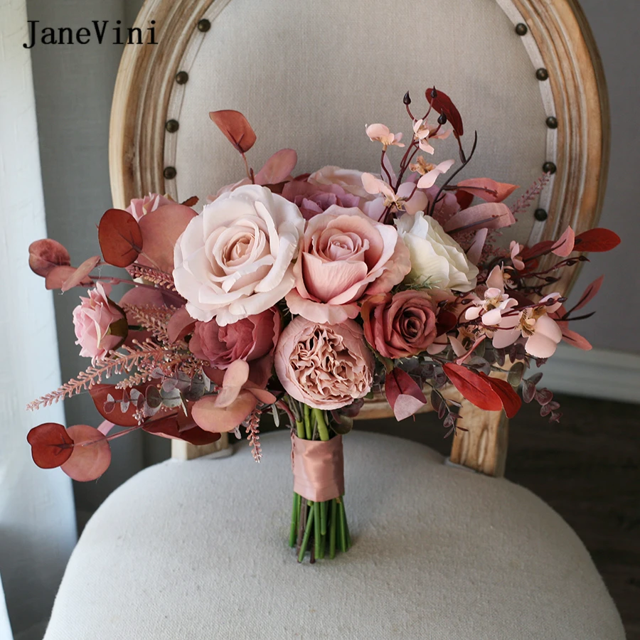 Pink Bride Vintage Janevini Flower For Wedding ddmysmile European Bridal Bouquets Handmade Silk Roses Eucalyptus Fake Bouquet Accessories Smile