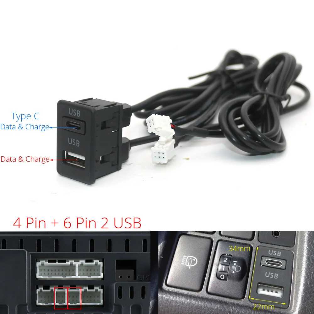 Flush Mount Dash Car 4 6Pin Dual Type-C USB Port Switch Panel 3.5Mm AUX RCA Interface Cable ddmysmile Adapter Android Multimedia Head Unit Smile